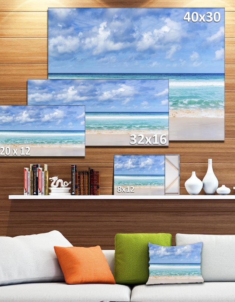 DesignQ Tranquil Beach Under White Clouds - Modern Seascape Canvas Artwork