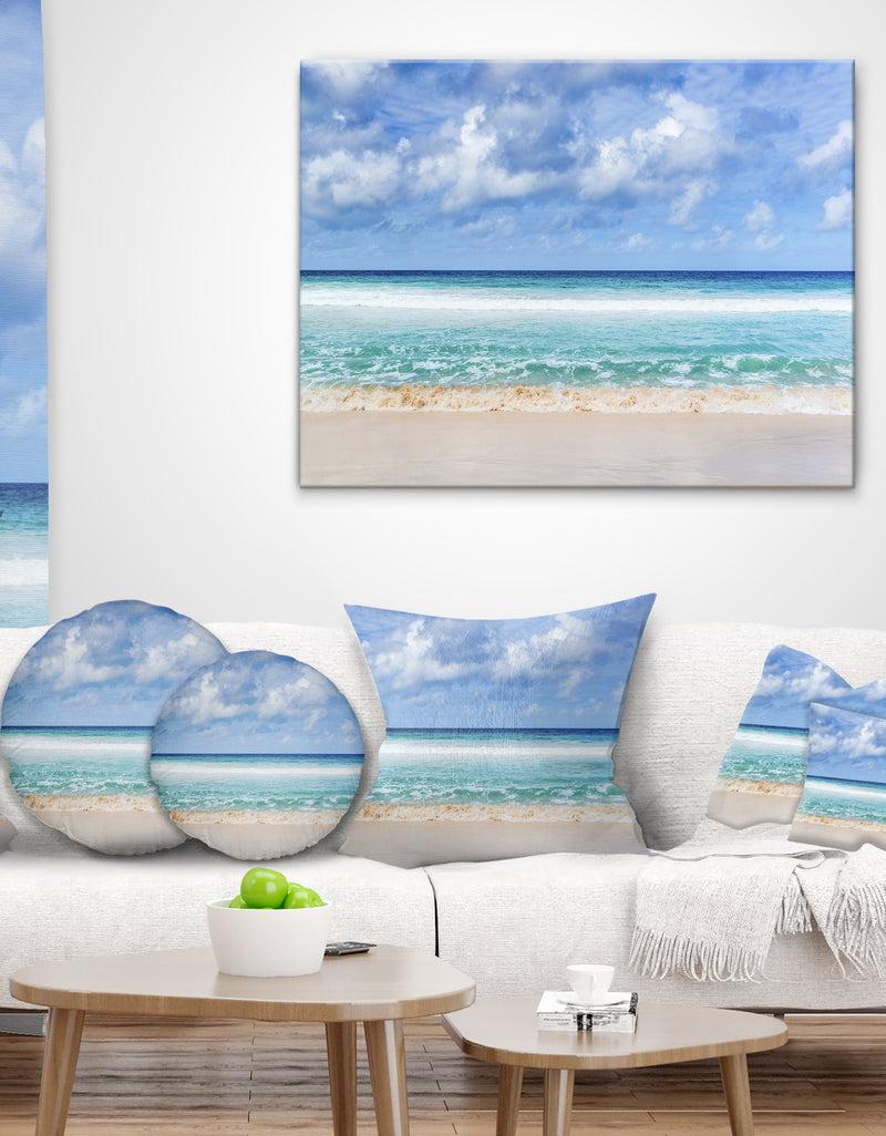 DesignQ Tranquil Beach Under White Clouds - Modern Seascape Canvas Artwork