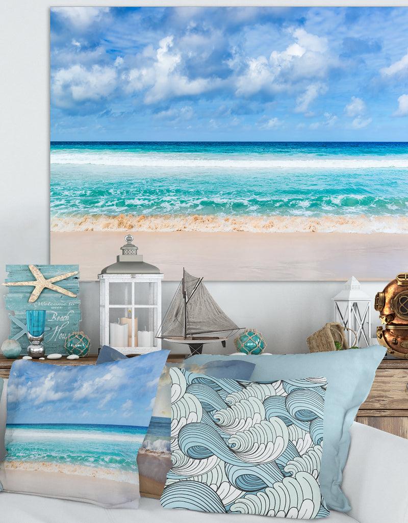 DesignQ Tranquil Beach under White Clouds - Modern Seascape Canvas Artwork