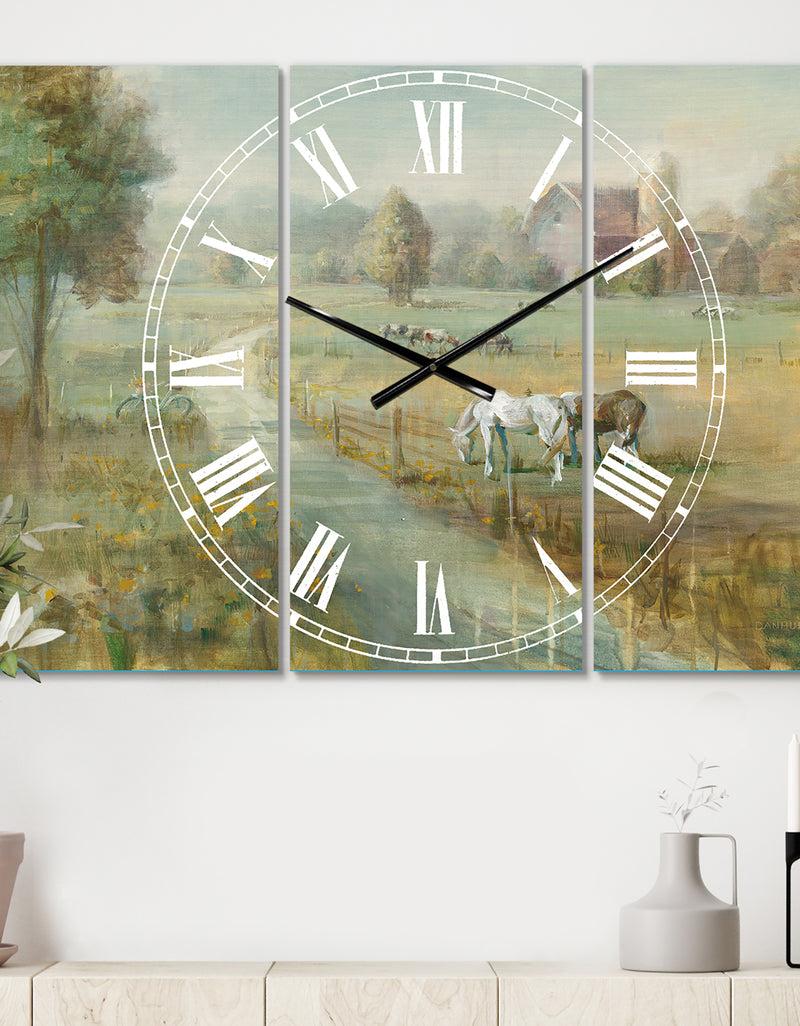 DesignQ Tranquil Country Field - Cottage 3 Panels Oversized Wall CLock