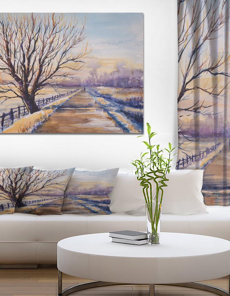 DesignQ Tree close to the road - Landscapes Painting Print on Wrapped Canvas