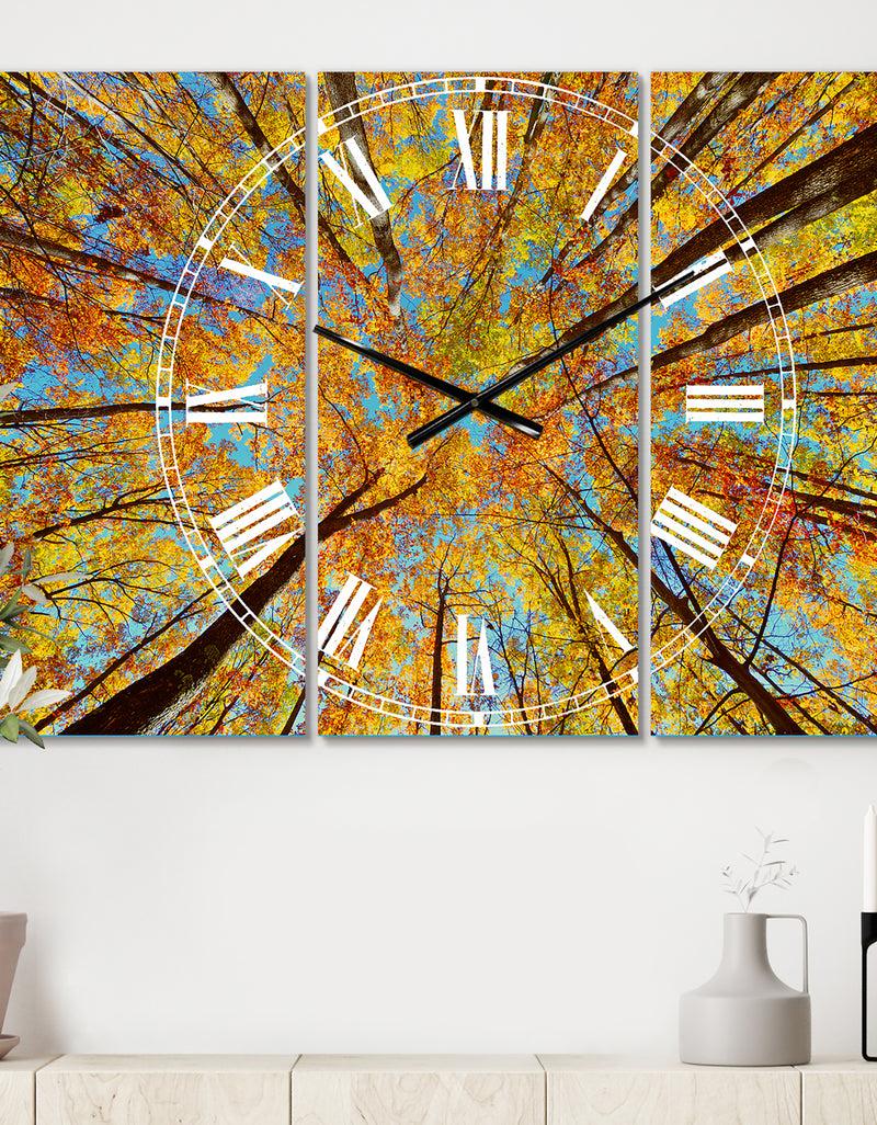 DesignQ Tree Tops in Autumn Forest - Cottage 3 Panels Large Wall CLock