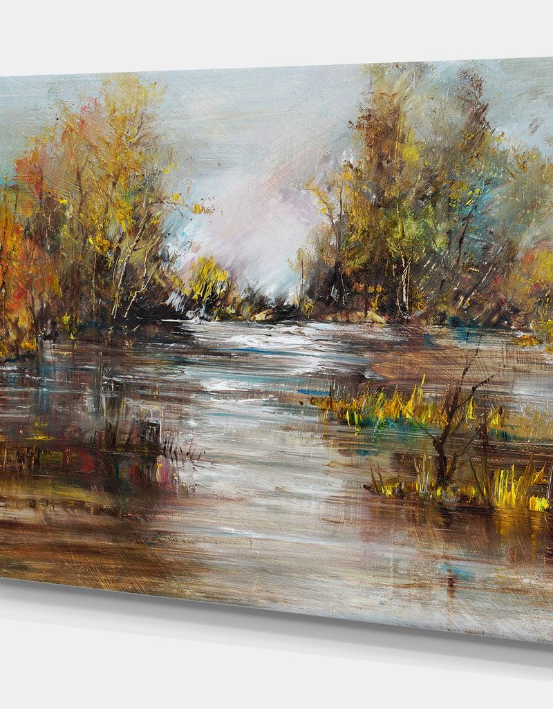 DesignQ Trees At Lake Oil Painting - Landscapes Painting Print On Wrapped Canvas