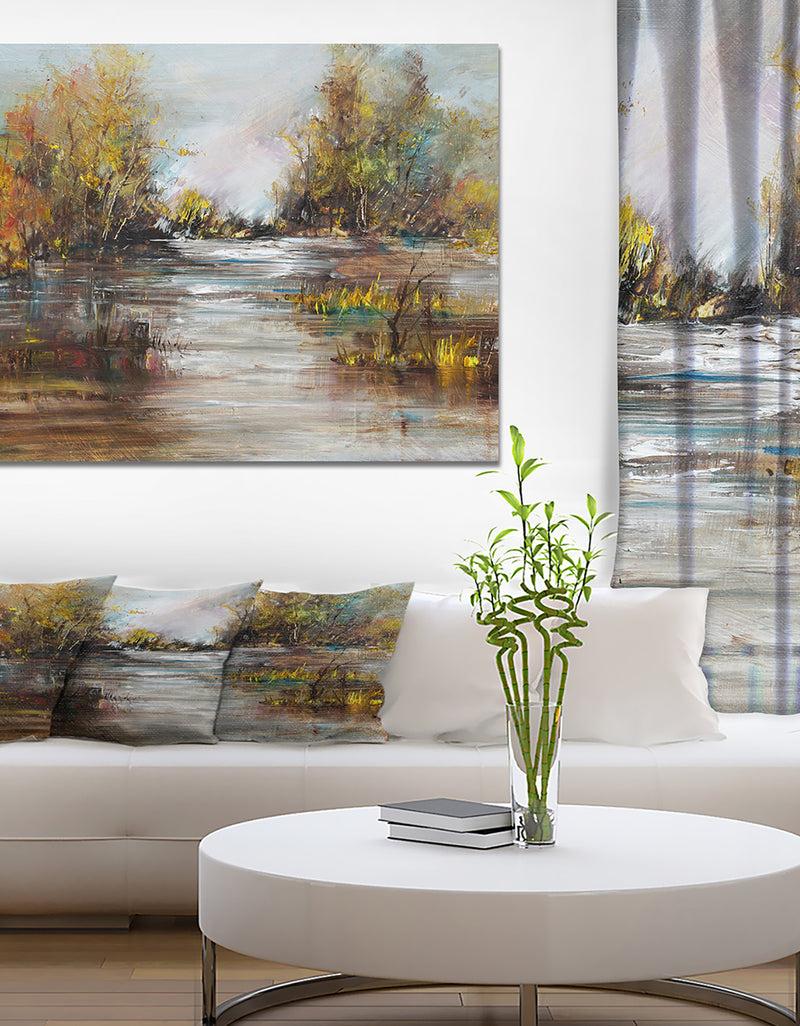 DesignQ Trees at Lake Oil Painting - Landscapes Painting Print on Wrapped Canvas