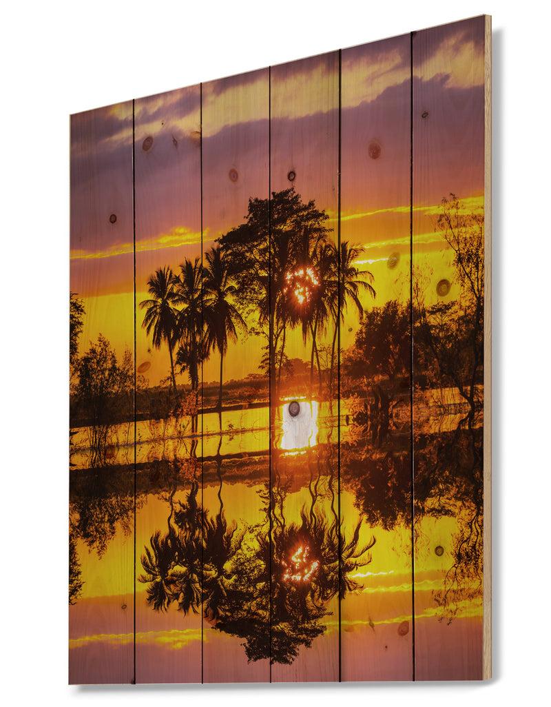 DesignQ Trees Mirrored In Flooded Waters - Landscape Print On Natural Pine Wood