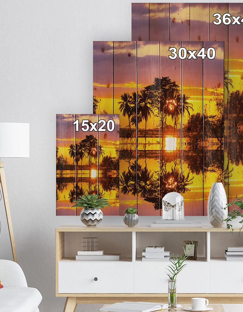 DesignQ Trees Mirrored In Flooded Waters - Landscape Print On Natural Pine Wood