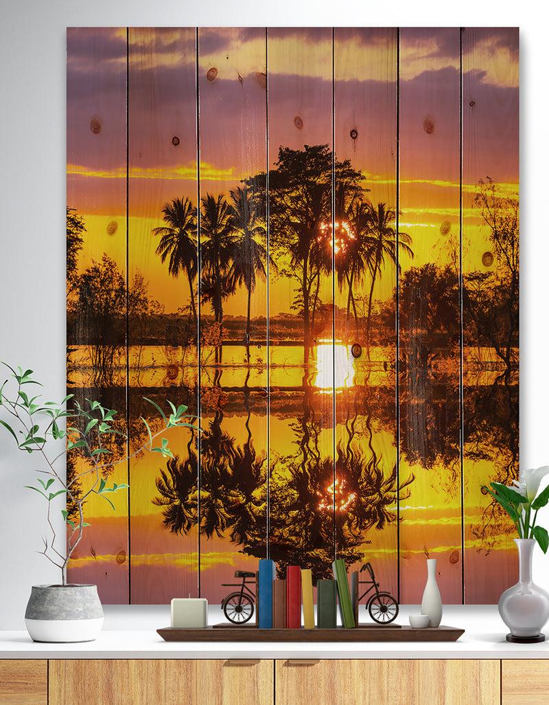 DesignQ Trees Mirrored in Flooded Waters - Landscape Print on Natural Pine Wood