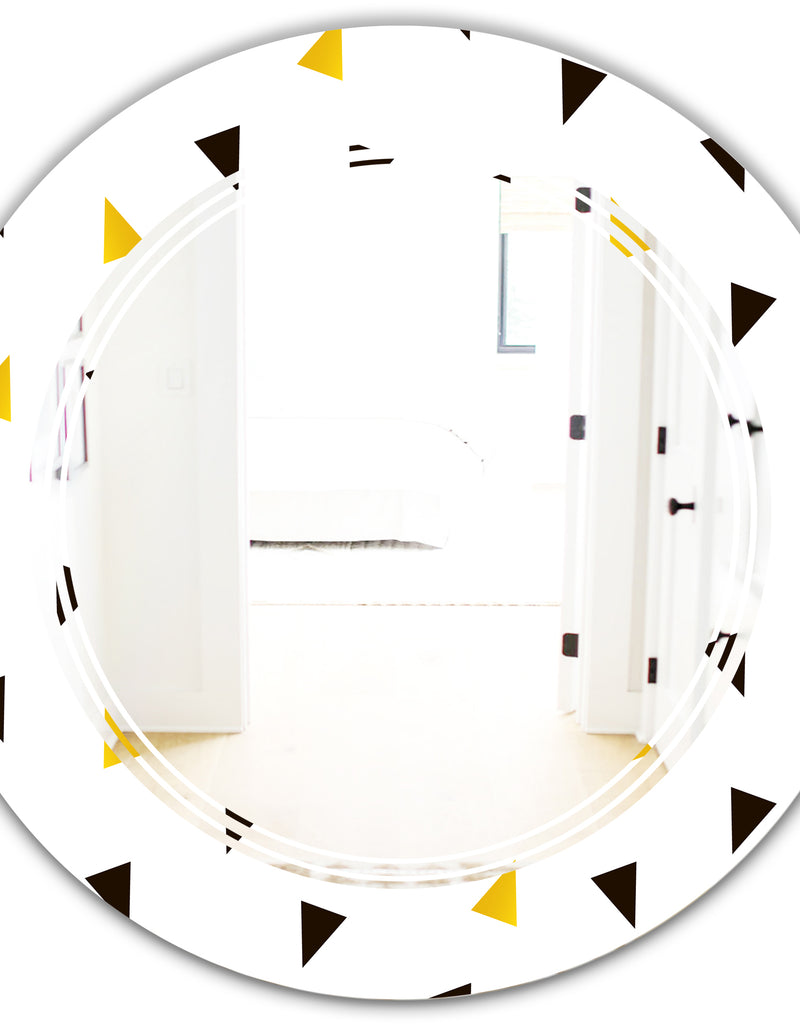 DesignQ Trendy Black And Gold Triangular Pattern - Modern Round Or Oval Wall Mirror - Triple C