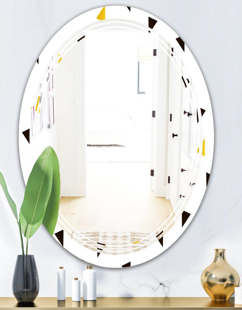 DesignQ Trendy Black And Gold Triangular Pattern - Modern Round Or Oval Wall Mirror - Triple C
