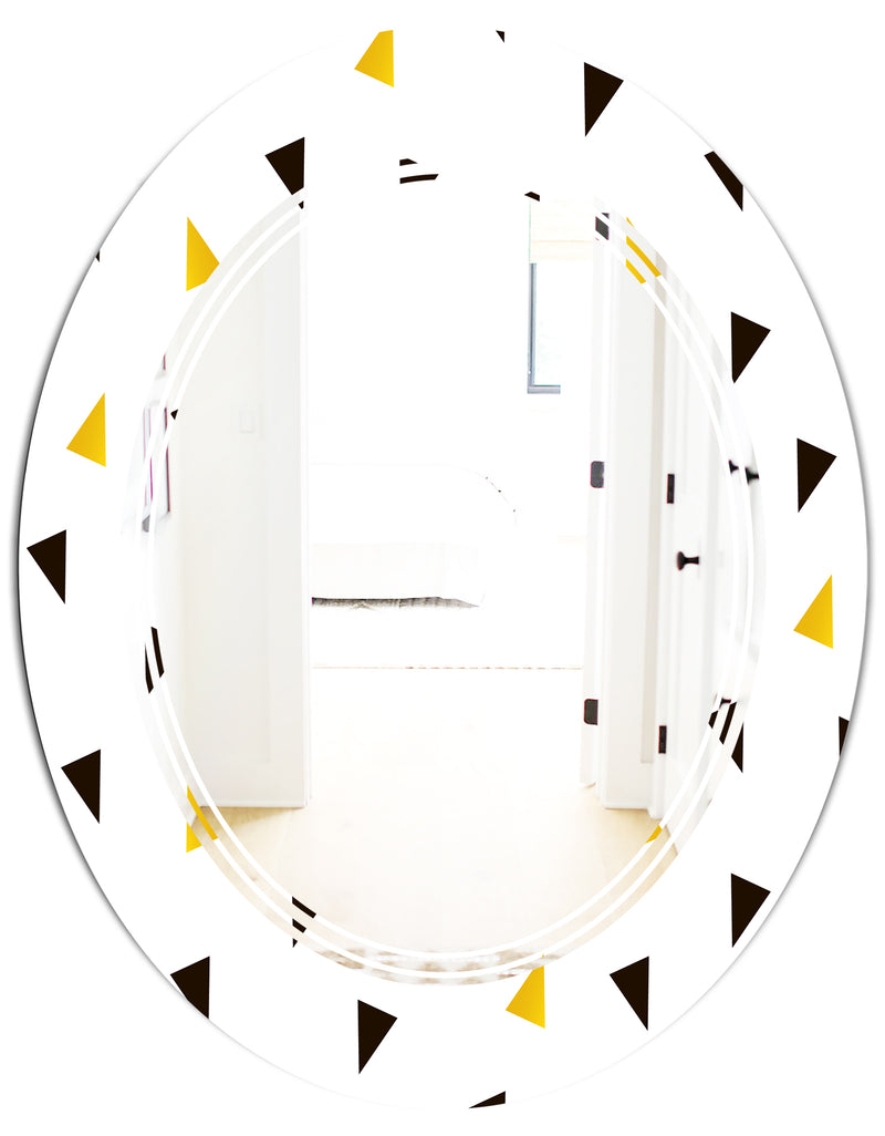 DesignQ Trendy Black And Gold Triangular Pattern - Modern Round Or Oval Wall Mirror - Triple C