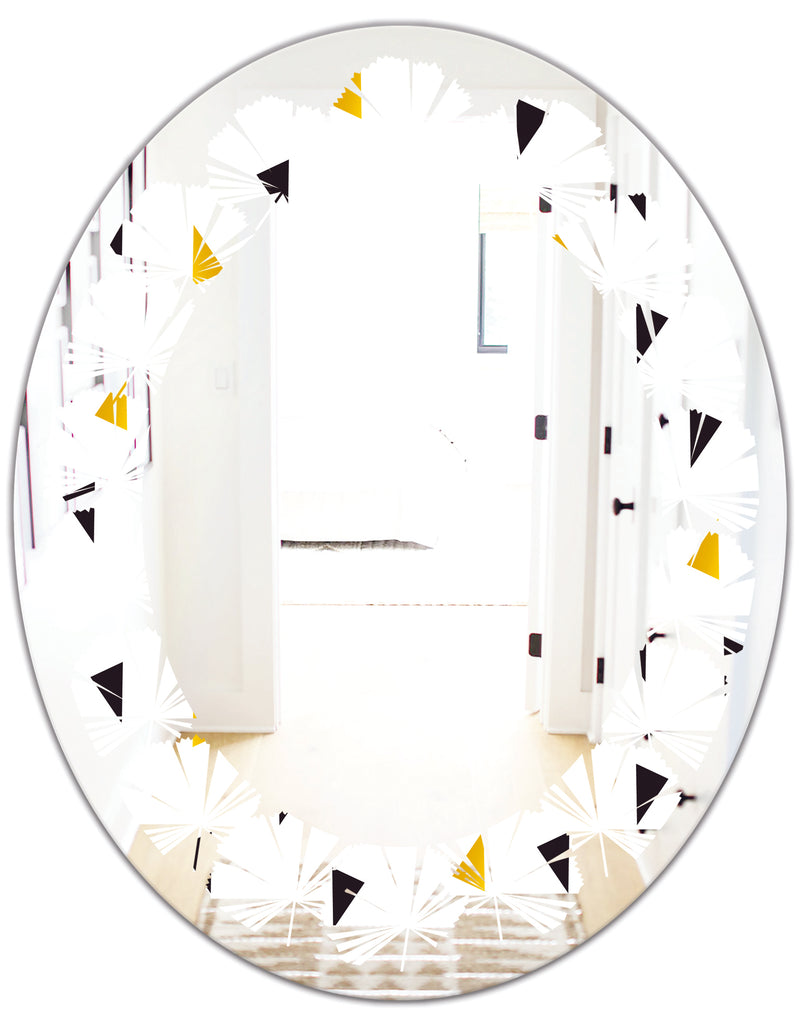 DesignQ Trendy Black And Gold Triangular Pattern - Modern Round Or Oval Wall Mirror - Leaves