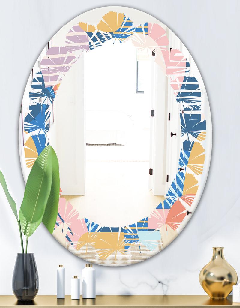 DesignQ Trendy Contemporary Geometry Shapes Pattern - Modern Round Or Oval Wall Mirror - Leaves