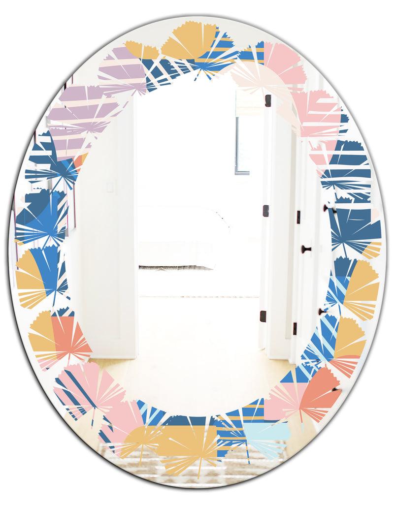 DesignQ Trendy Contemporary Geometry Shapes Pattern - Modern Round Or Oval Wall Mirror - Leaves