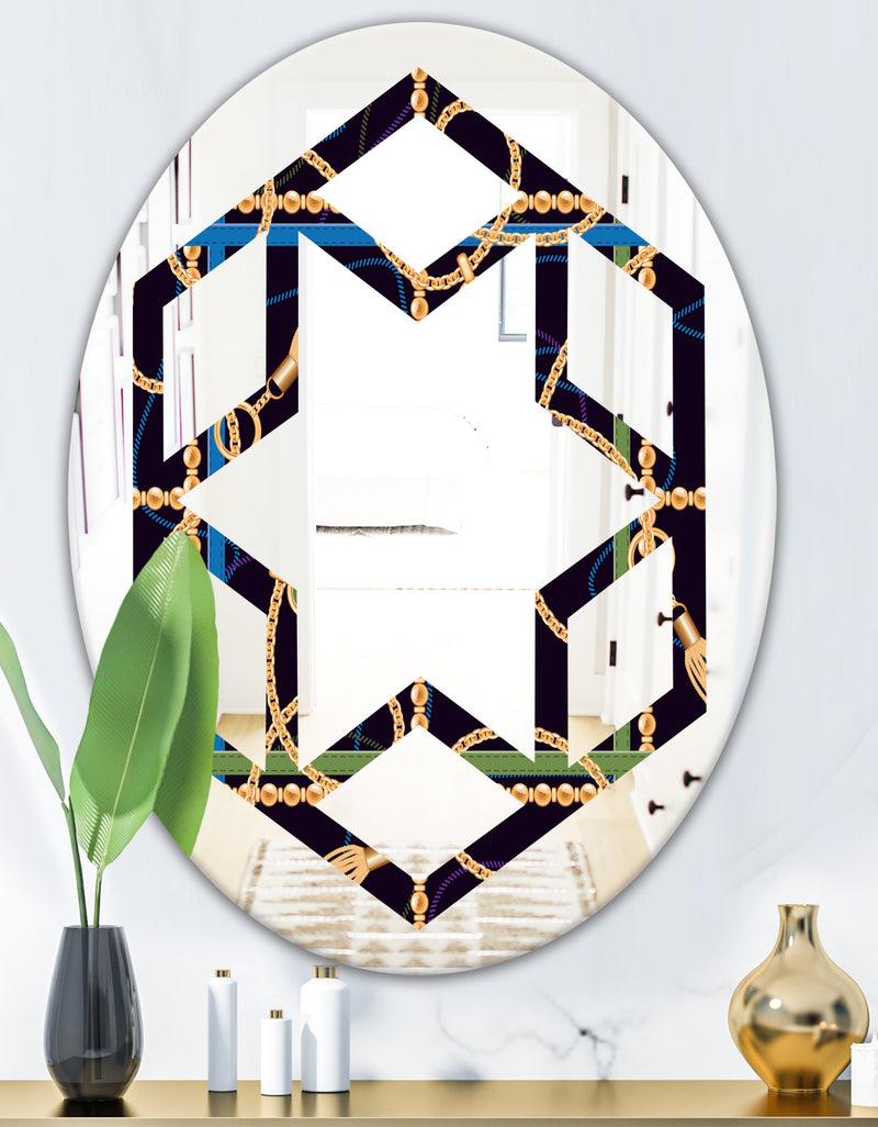 DesignQ Trendy Gold Chain Pattern - Modern Round Or Oval Wall Mirror - Hexagon Star