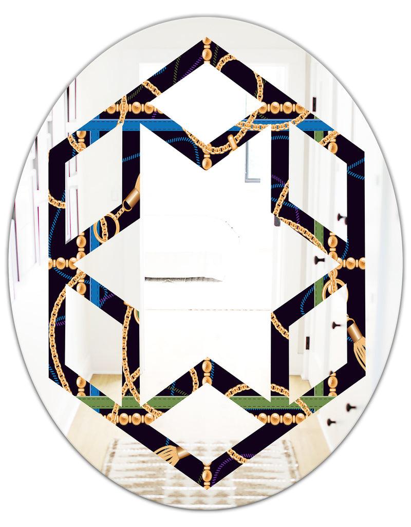 DesignQ Trendy Gold Chain Pattern - Modern Round Or Oval Wall Mirror - Hexagon Star