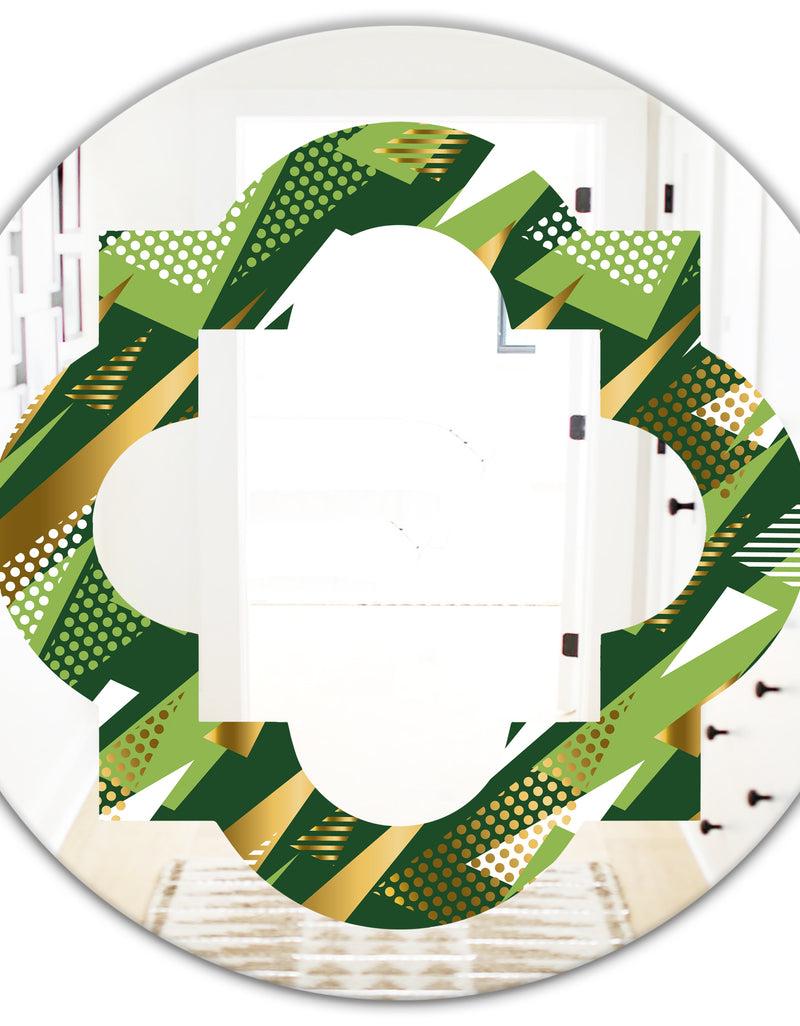 DesignQ Triangular Gold And Green Design I - Modern Round Or Oval Wall Mirror - Quatrefoil