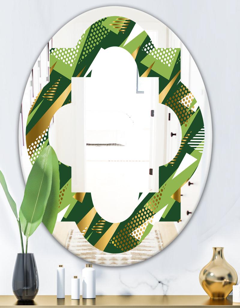 DesignQ Triangular Gold And Green Design I - Modern Round Or Oval Wall Mirror - Quatrefoil
