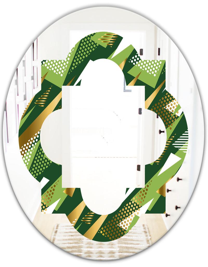 DesignQ Triangular Gold And Green Design I - Modern Round Or Oval Wall Mirror - Quatrefoil