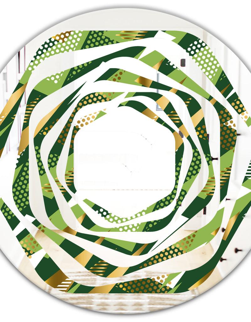 DesignQ Triangular Gold And Green Design I - Modern Round Or Oval Wall Mirror - Whirl