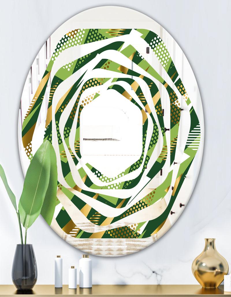 DesignQ Triangular Gold And Green Design I - Modern Round Or Oval Wall Mirror - Whirl