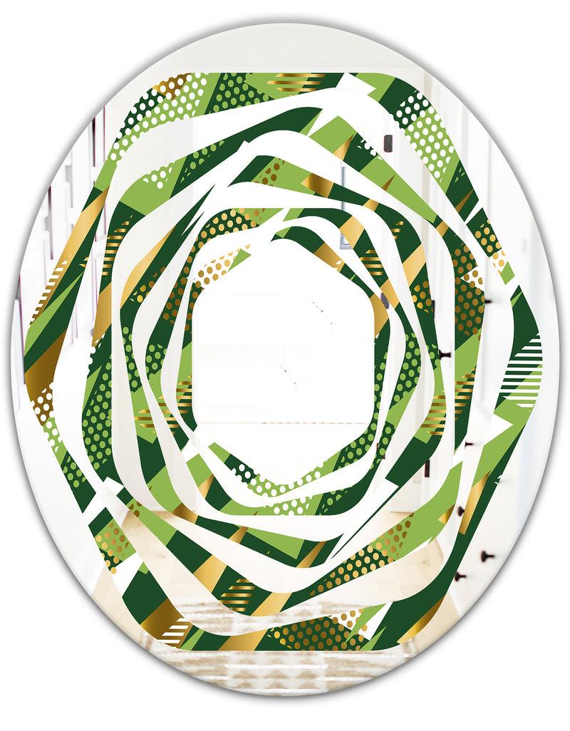 DesignQ Triangular Gold And Green Design I - Modern Round Or Oval Wall Mirror - Whirl
