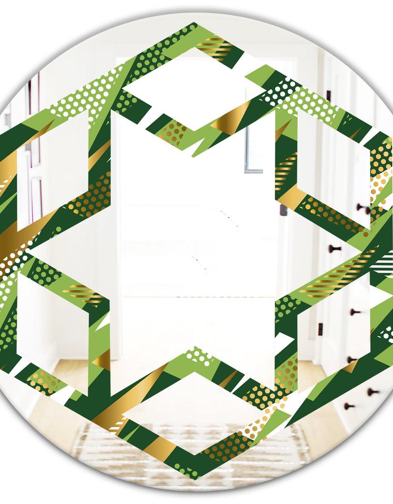 DesignQ Triangular Gold And Green Design I - Modern Round Or Oval Wall Mirror - Hexagon Star
