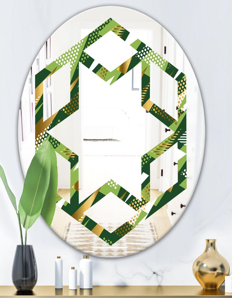 DesignQ Triangular Gold And Green Design I - Modern Round Or Oval Wall Mirror - Hexagon Star