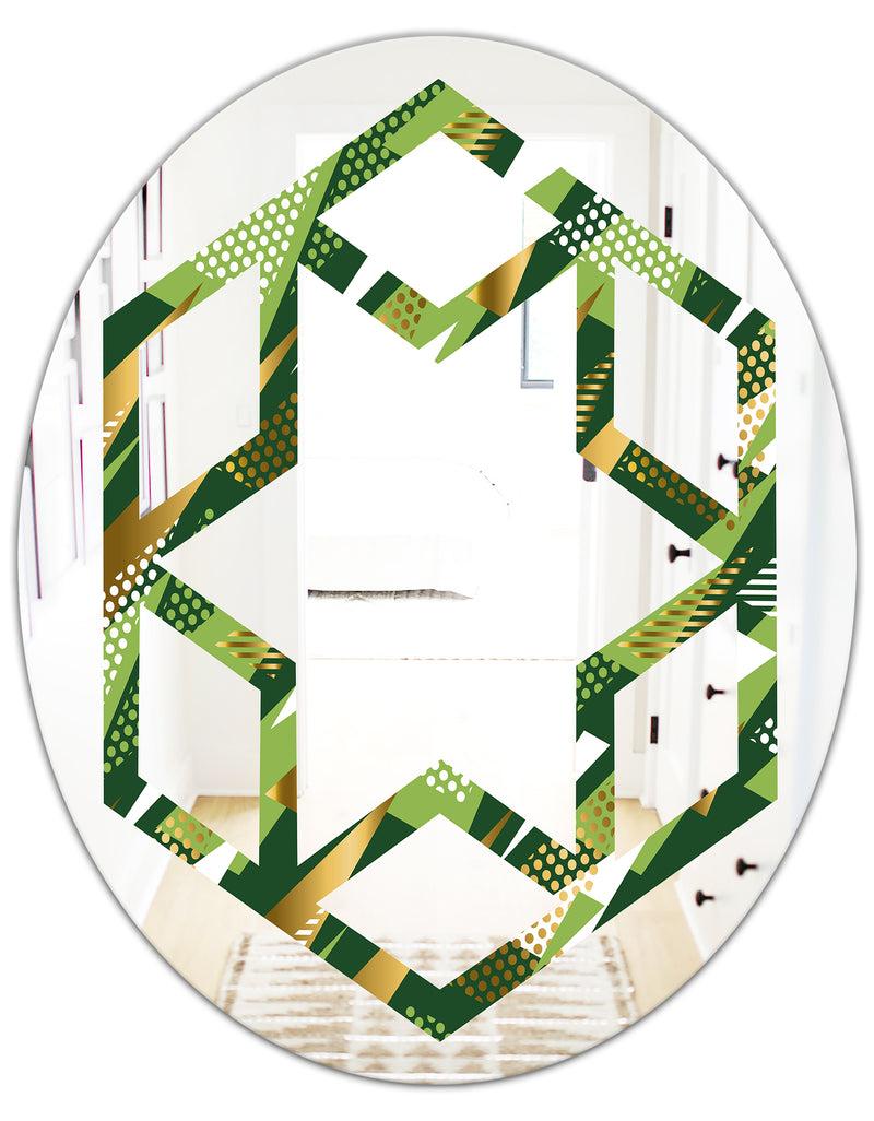DesignQ Triangular Gold And Green Design I - Modern Round Or Oval Wall Mirror - Hexagon Star