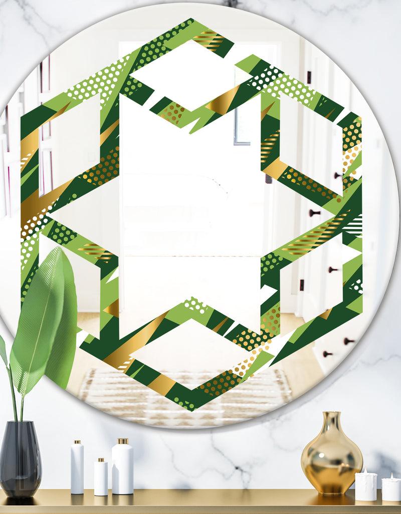 DesignQ Triangular Gold and Green Design I - Modern Round or Oval Wall Mirror - Hexagon Star