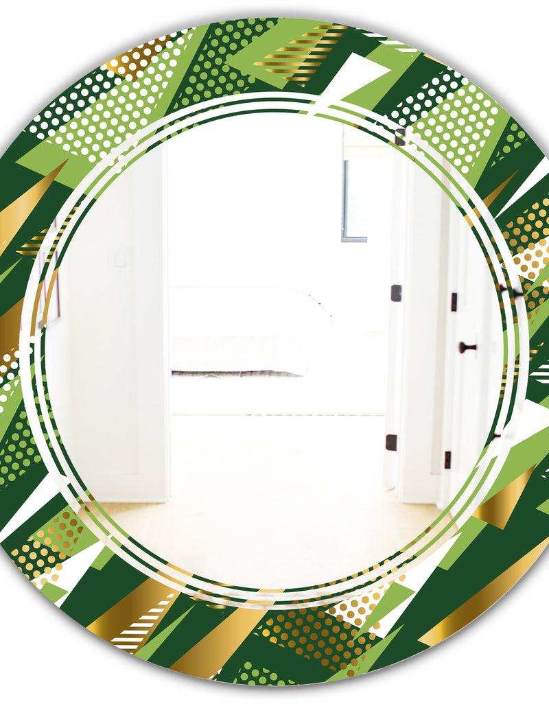 DesignQ Triangular Gold And Green Design I - Modern Round Or Oval Wall Mirror - Triple C