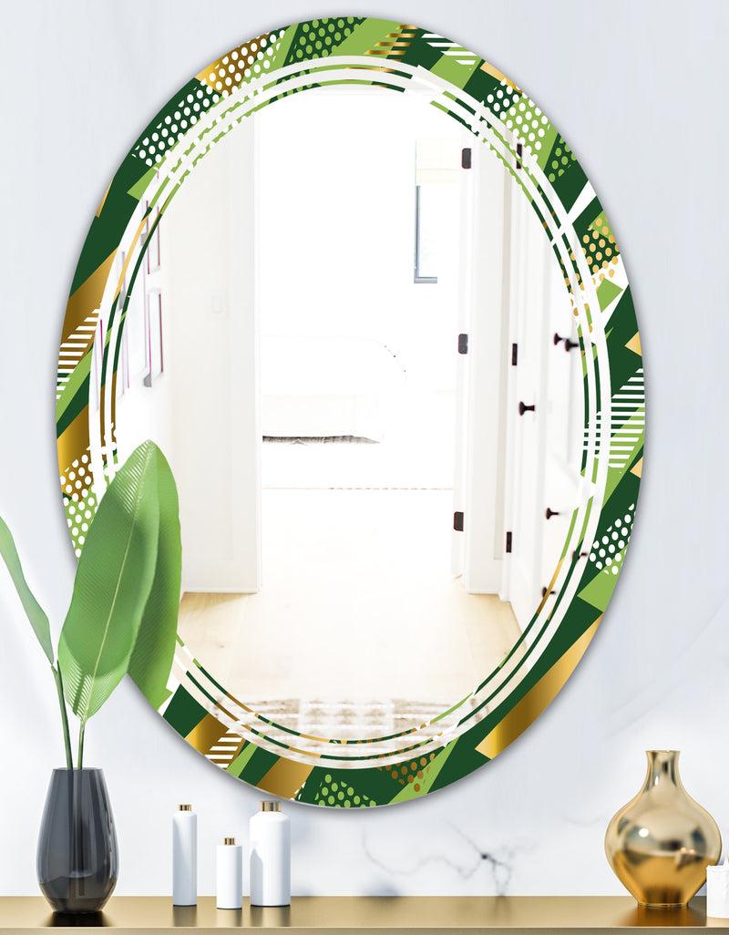 DesignQ Triangular Gold And Green Design I - Modern Round Or Oval Wall Mirror - Triple C