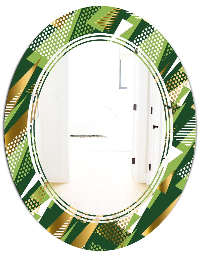 DesignQ Triangular Gold And Green Design I - Modern Round Or Oval Wall Mirror - Triple C