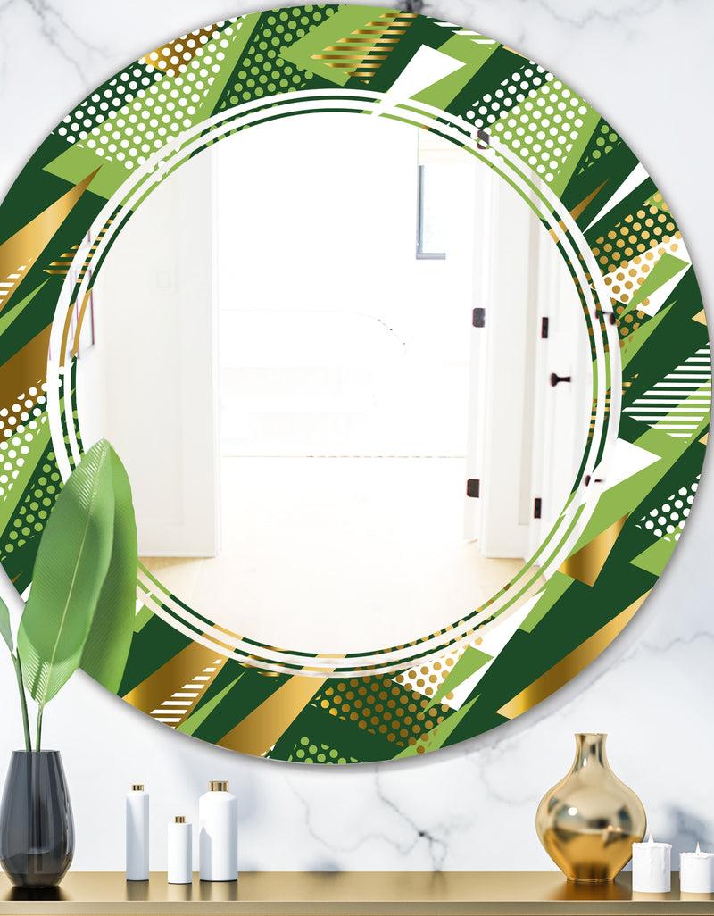 DesignQ Triangular Gold and Green Design I - Modern Round or Oval Wall Mirror - Triple C