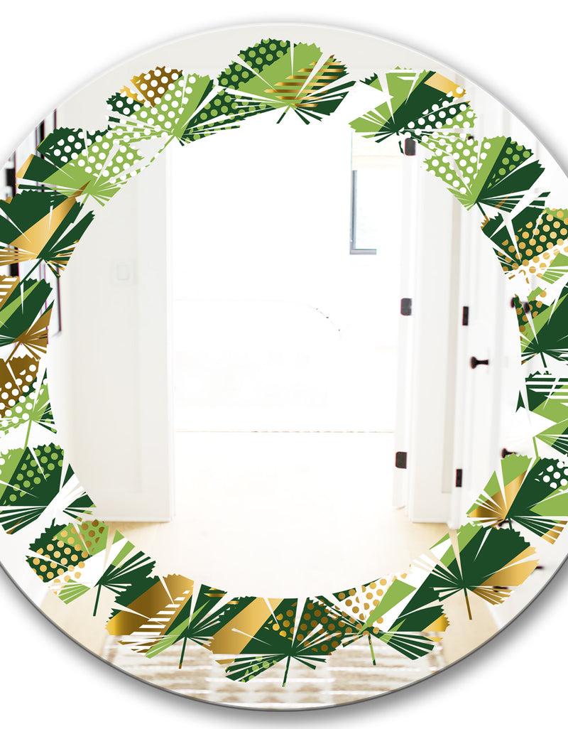 DesignQ Triangular Gold And Green Design I - Modern Round Or Oval Wall Mirror - Leaves