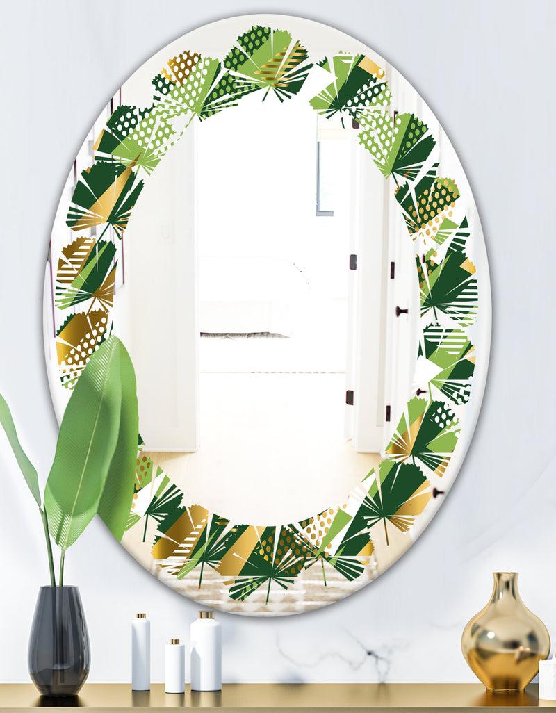 DesignQ Triangular Gold And Green Design I - Modern Round Or Oval Wall Mirror - Leaves