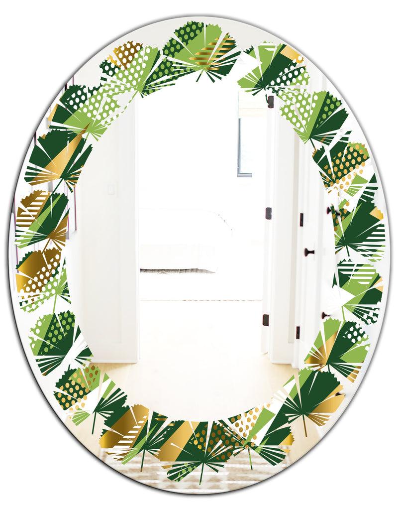 DesignQ Triangular Gold And Green Design I - Modern Round Or Oval Wall Mirror - Leaves