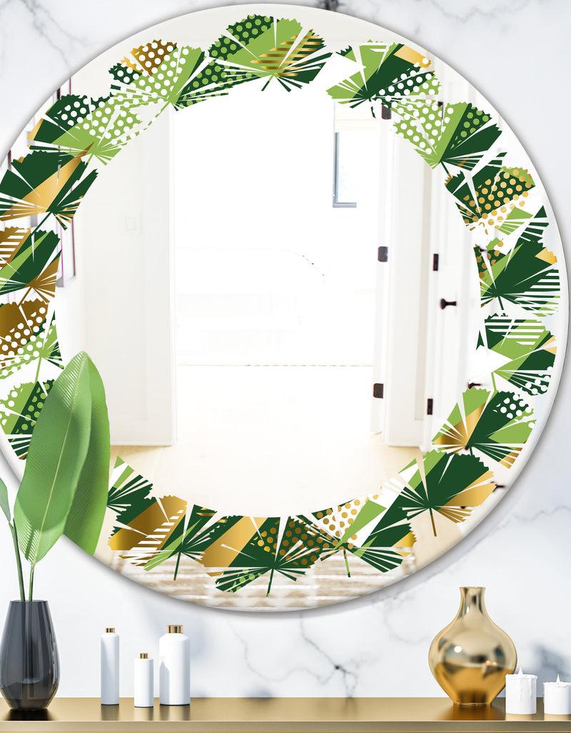 DesignQ Triangular Gold and Green Design I - Modern Round or Oval Wall Mirror - Leaves
