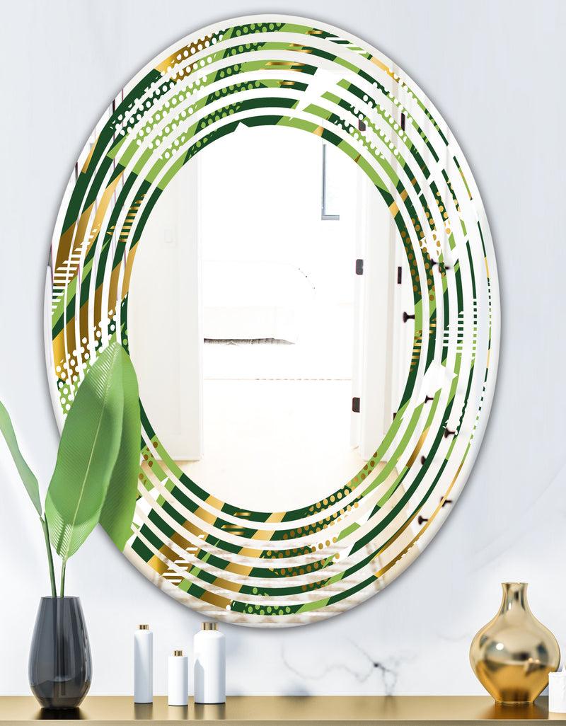 DesignQ Triangular Gold And Green Design I - Modern Round Or Oval Wall Mirror - Wave