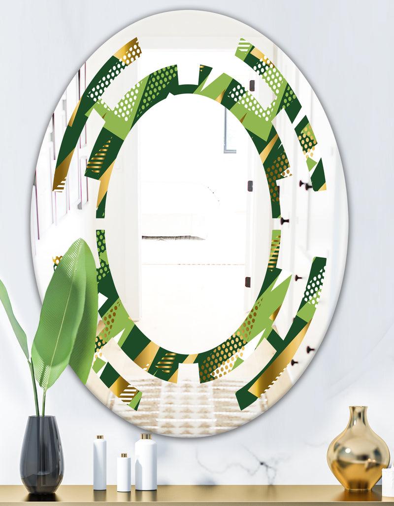 DesignQ Triangular Gold And Green Design I - Modern Round Or Oval Wall Mirror - Space