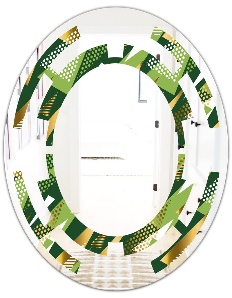 DesignQ Triangular Gold And Green Design I - Modern Round Or Oval Wall Mirror - Space