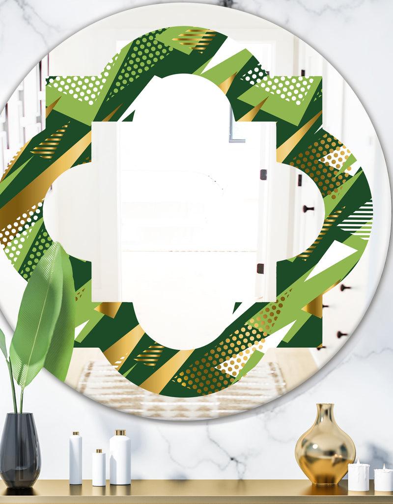 DesignQ Triangular Gold and Green Design I - Modern Round or Oval Wall Mirror - Quatrefoil