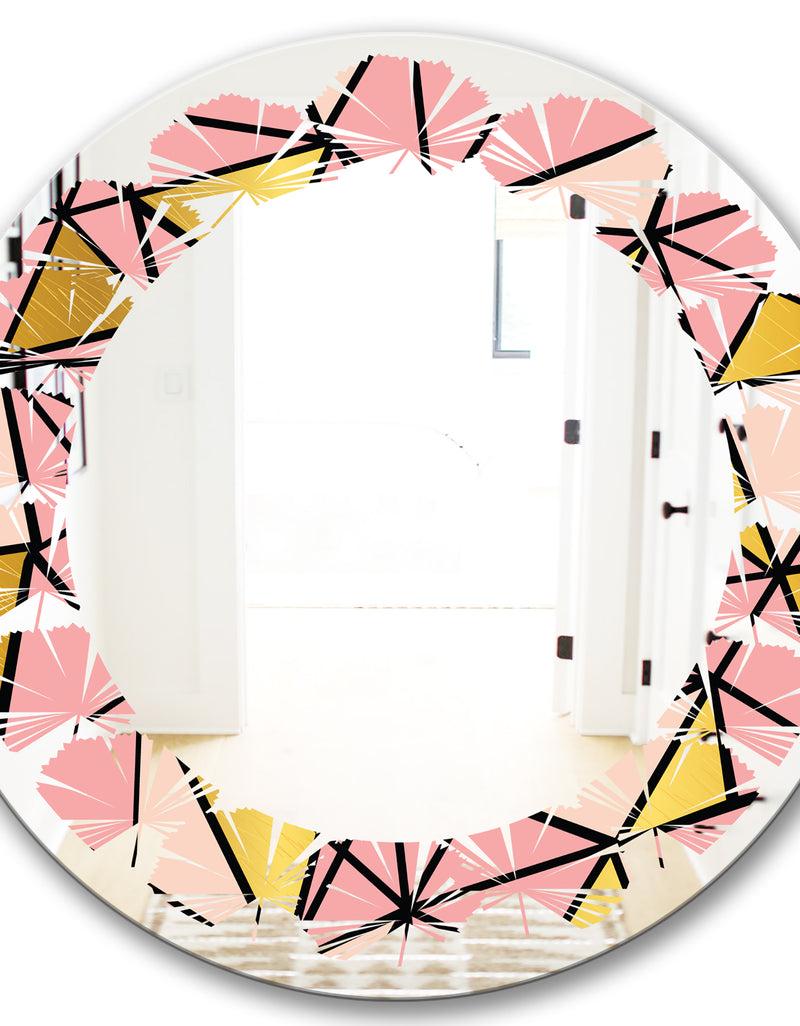 DesignQ Triangular Gold Design II - Modern Round Or Oval Wall Mirror - Leaves