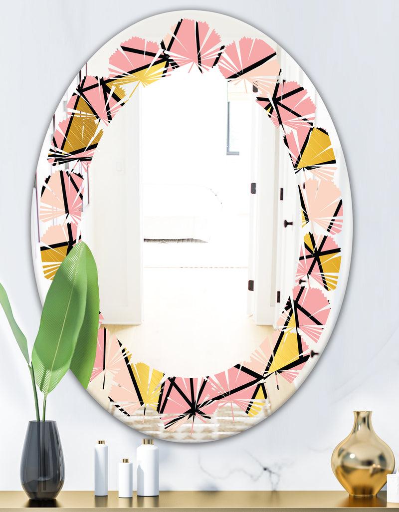 DesignQ Triangular Gold Design II - Modern Round Or Oval Wall Mirror - Leaves