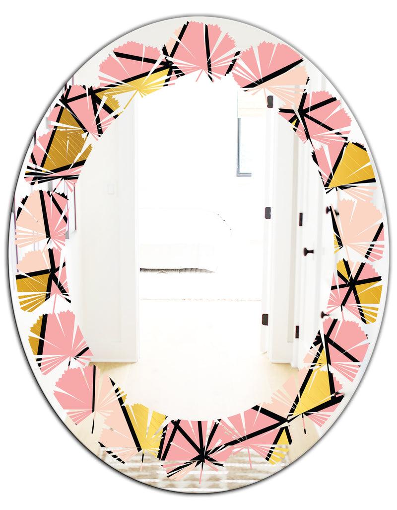 DesignQ Triangular Gold Design II - Modern Round Or Oval Wall Mirror - Leaves