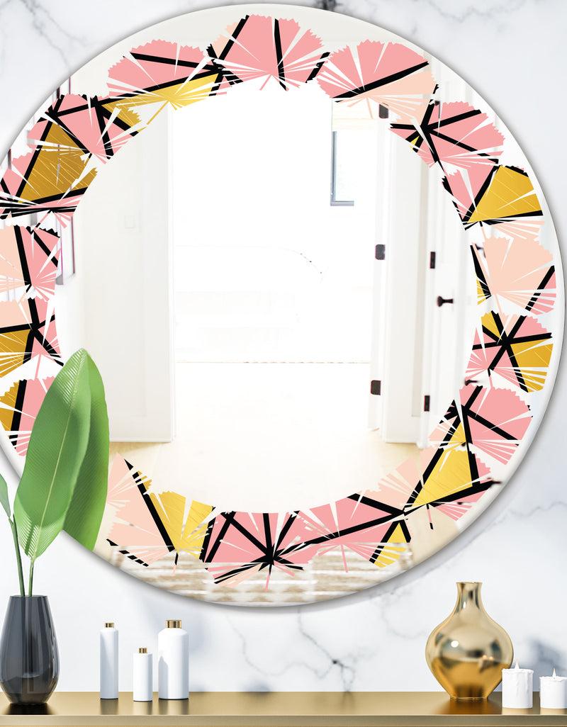 DesignQ Triangular Gold Design II - Modern Round or Oval Wall Mirror - Leaves