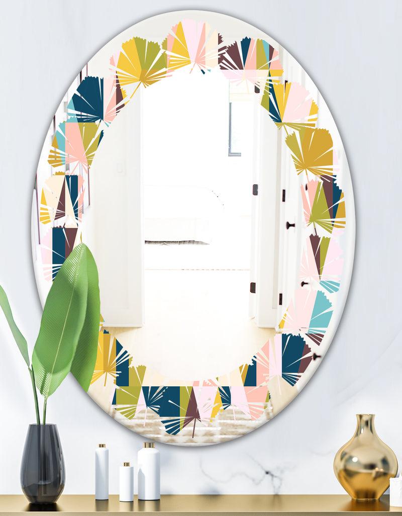 DesignQ Triangular Retro Design I - Modern Round Or Oval Wall Mirror - Leaves