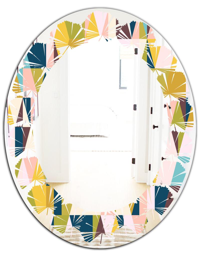 DesignQ Triangular Retro Design I - Modern Round Or Oval Wall Mirror - Leaves