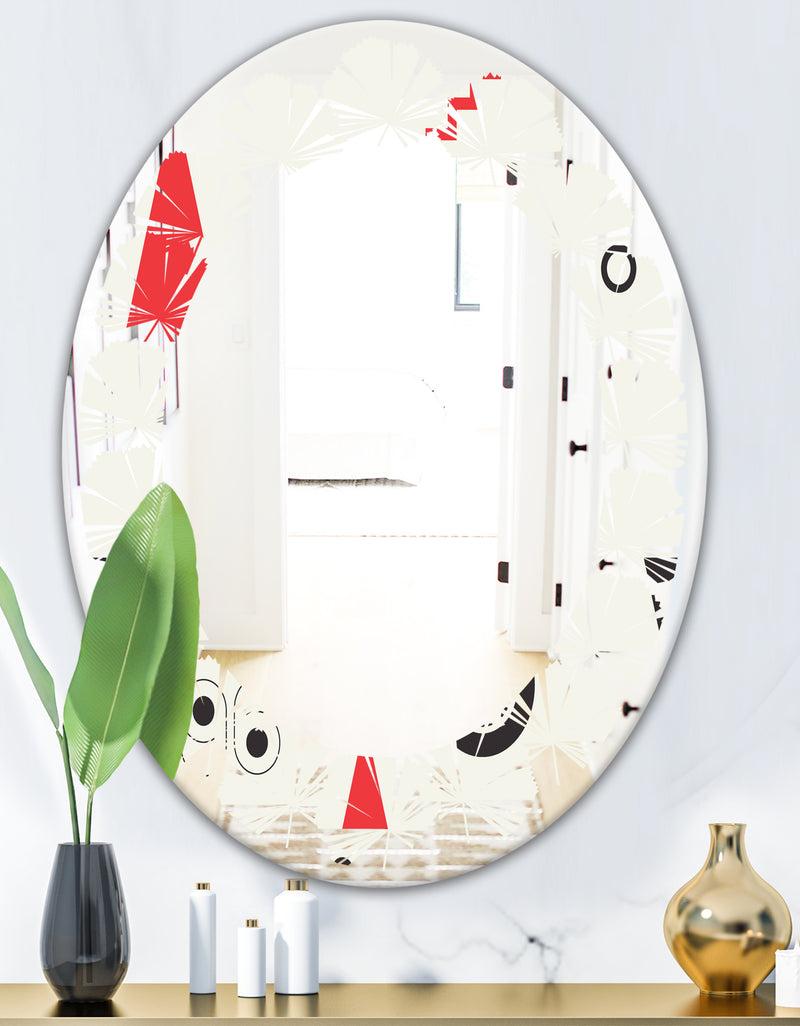 DesignQ Triangular Retro Design III - Modern Round Or Oval Wall Mirror - Leaves