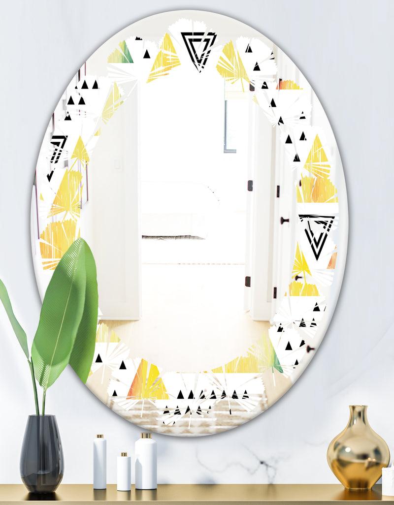 DesignQ Triangular Retro Design IV - Modern Round Or Oval Wall Mirror - Leaves