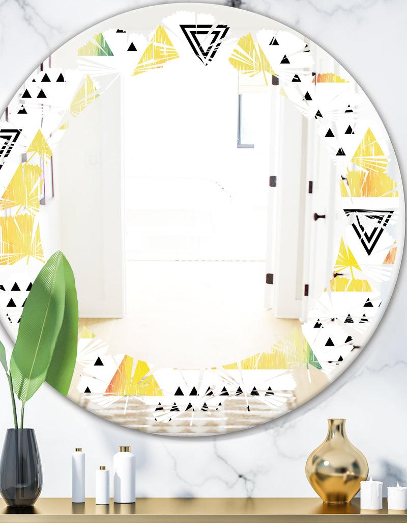 DesignQ Triangular Retro Design IV - Modern Round or Oval Wall Mirror - Leaves